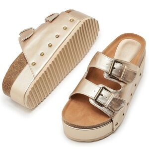Women Cork Flatform Sandals gold Dual Buckled Straps Comfort Slippers clogs